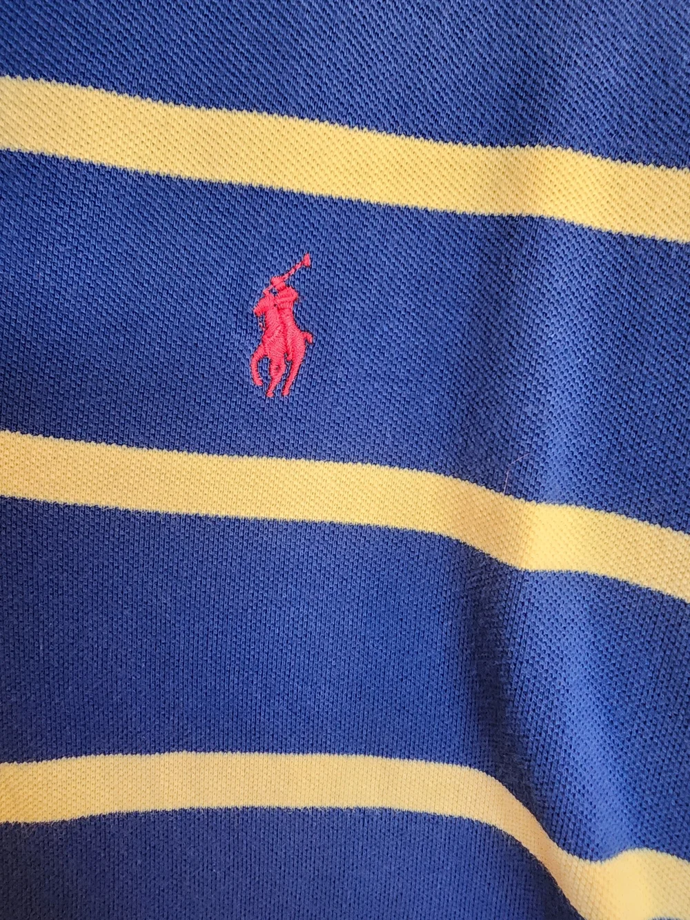 Ralph Lauren Blue Polo with Yellow Stripes and Red Logo